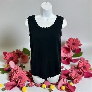 Isacc Mizahi Live Black Sleeveless Sweater Sz XXS Scalloped Trim Top Minimalist